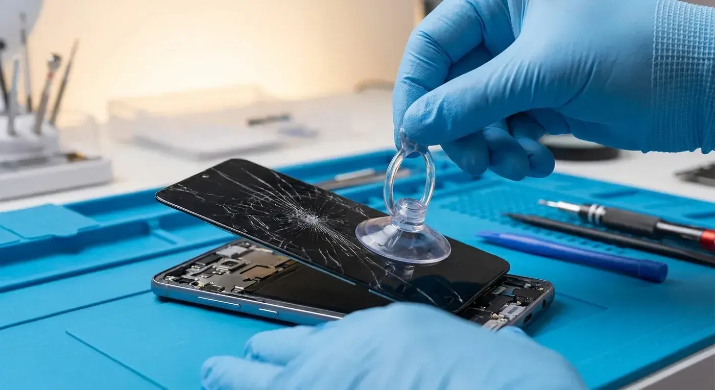 Cracked iPhone screen being assessed for replacement