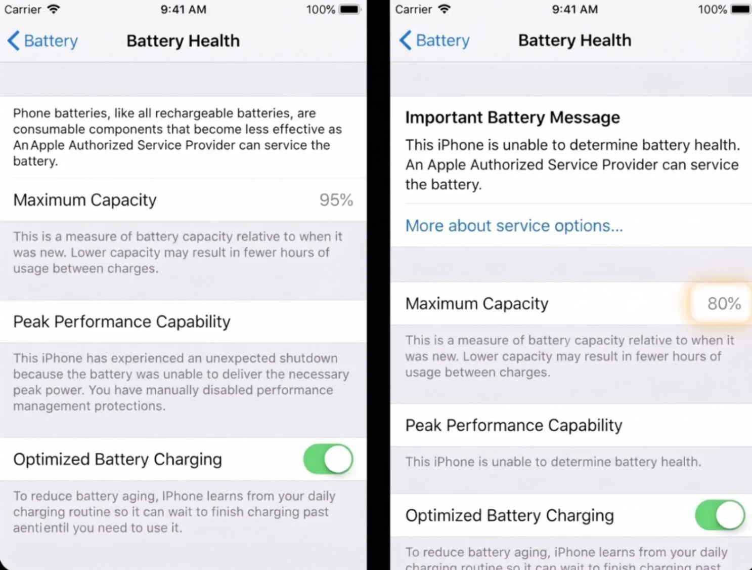 iPhone showing Battery Health settings screen